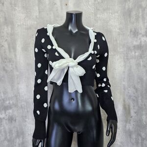 Beulah Womens S Black White Polka Dot‎ Knit Deep V Crop Top Chiffon Collar Kpop